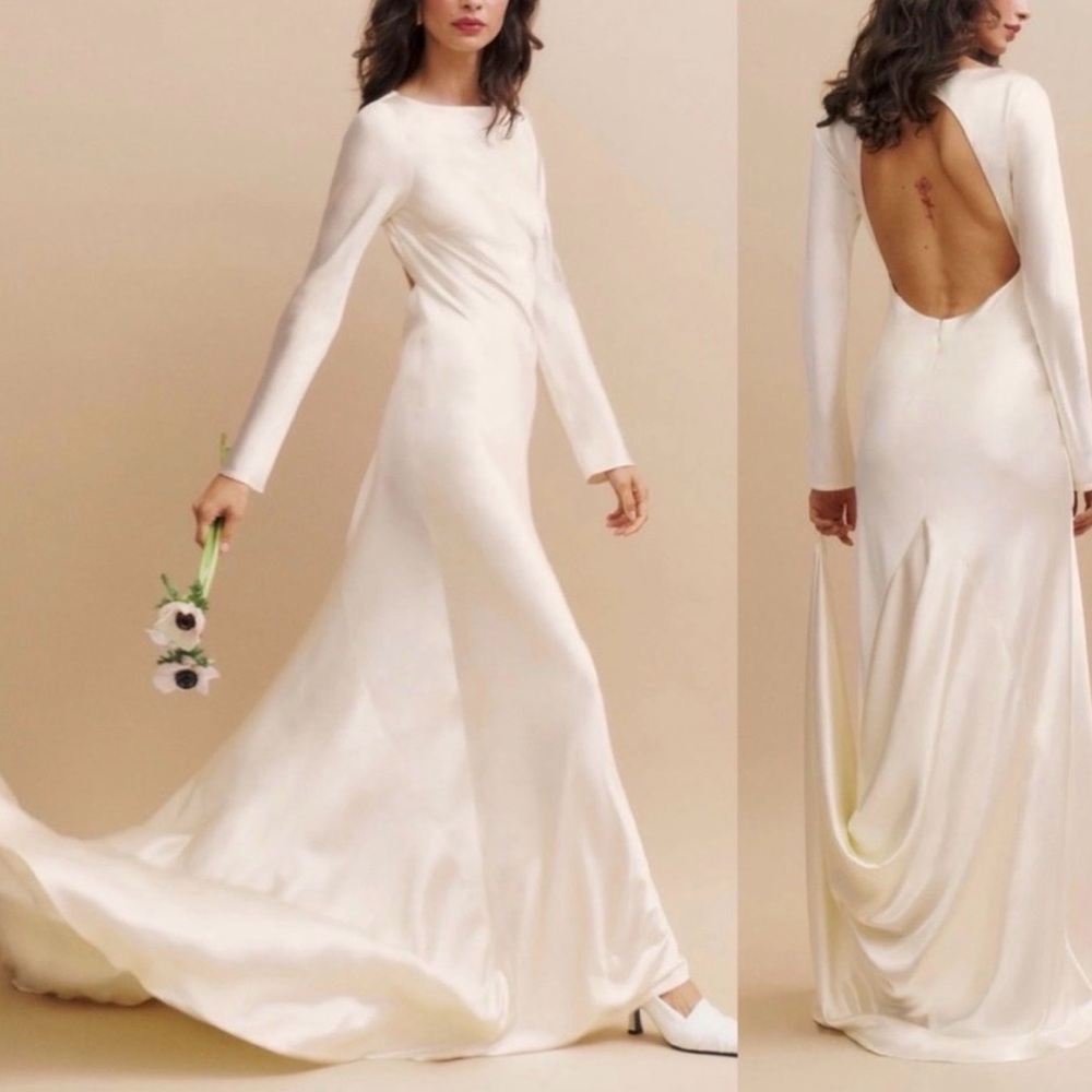 Reformation Cream Satin Long Sleeve Open-Back Maxi Dress